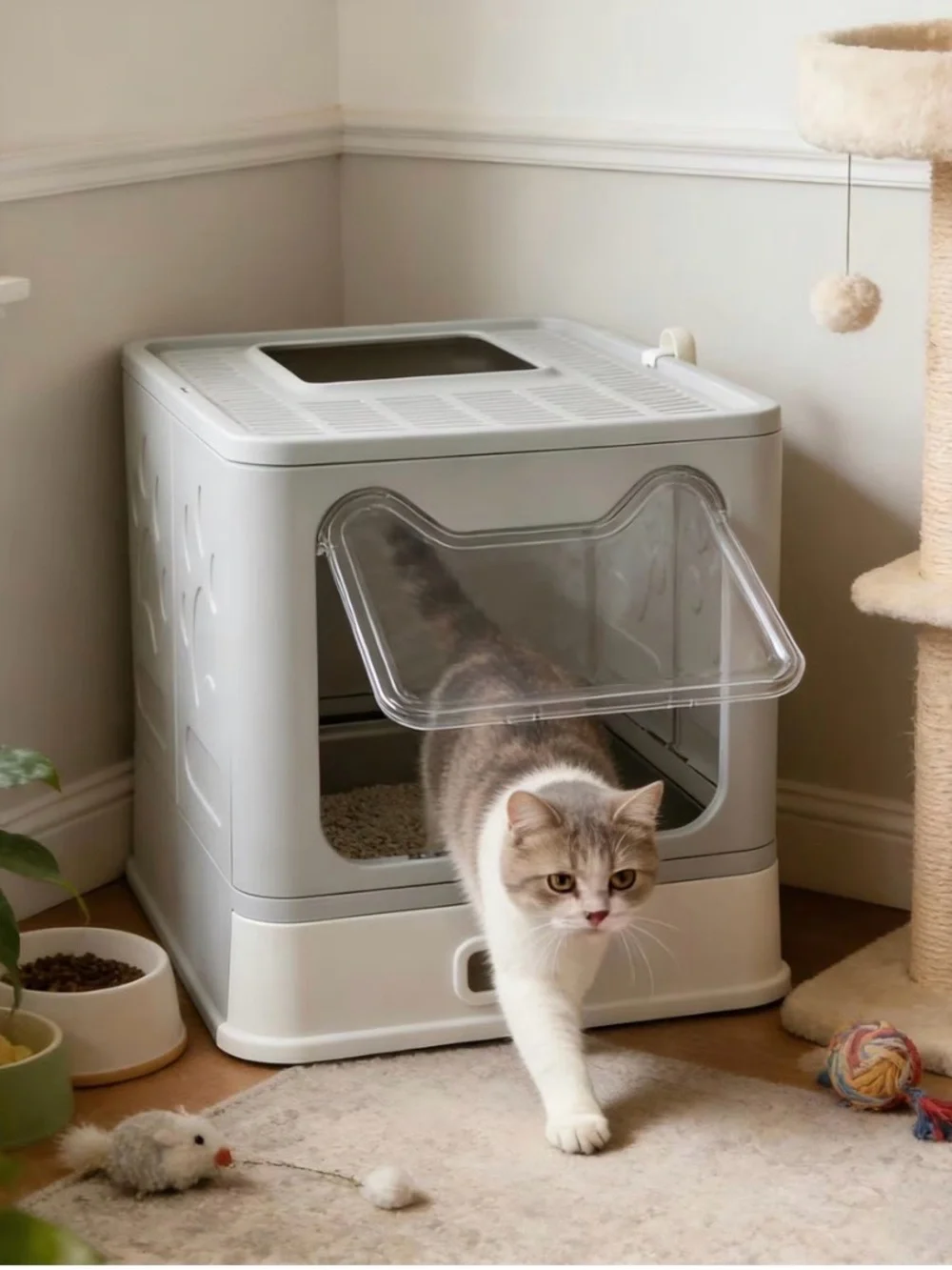 Covered Cat Litter Box with Scoop, Gray, 15.07 x 19.09 x 15.15-in Swing Door